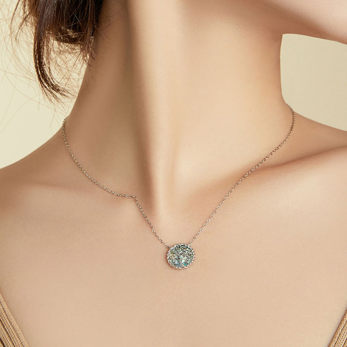 Collier Arbre de Vie en argent 925 plaqué or blanc ajustable avec nacre - Photo 2