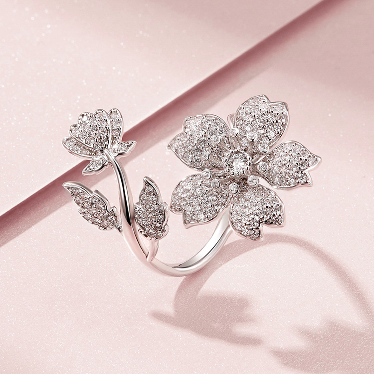 Bague Fleurs de Cerisier en argent 925 plaqué or blanc ajustable avec zircons blancs - Photo 3