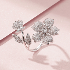 Bague Fleurs de Cerisier en argent 925 plaqué or blanc ajustable avec zircons blancs - Photo 3