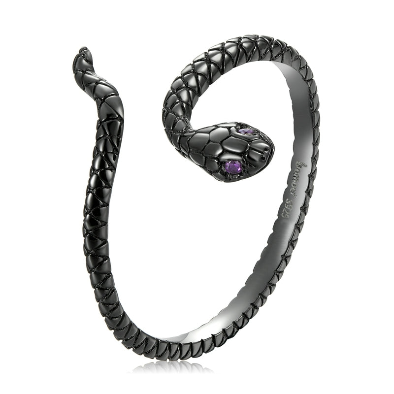 Bague Serpent Noir en argent 925 plaqué or noir ajustable avec zircons violet