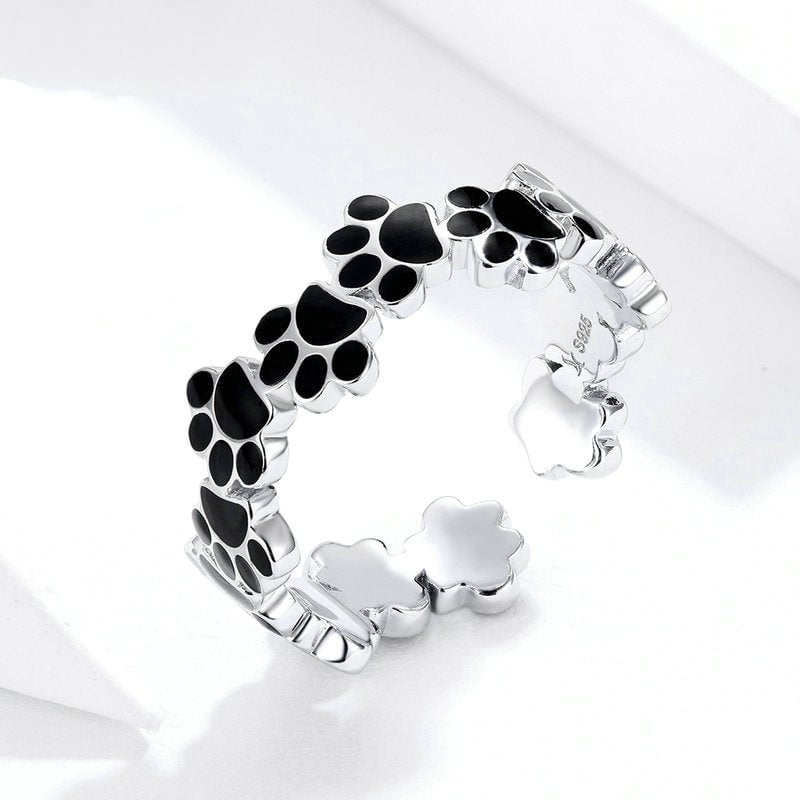 Bague Pattes en argent 925 plaqué or blanc émaillé noir ajustable - Photo 3