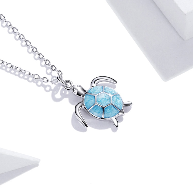 Collier Tortue en argent 925 plaqué or blanc ajustable avec pendentif émaillé turquoise - Photo 4