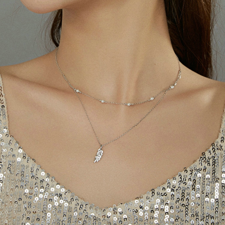 Collier Double avec Plume en argent 925 plaqué or blanc ajustable avec zircons blancs et perles - Photo 2