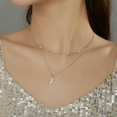 Collier Double avec Plume en argent 925 plaqué or blanc ajustable avec zircons blancs et perles - Photo 2