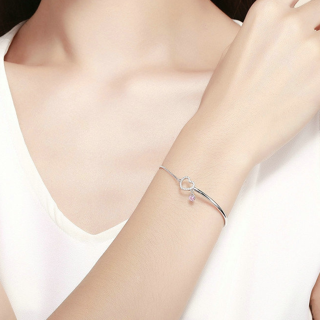 Bracelet Coeur Lumineux jonc en argent 925 plaqué or blanc ajustable avec zircons blancs et rose - Photo 2