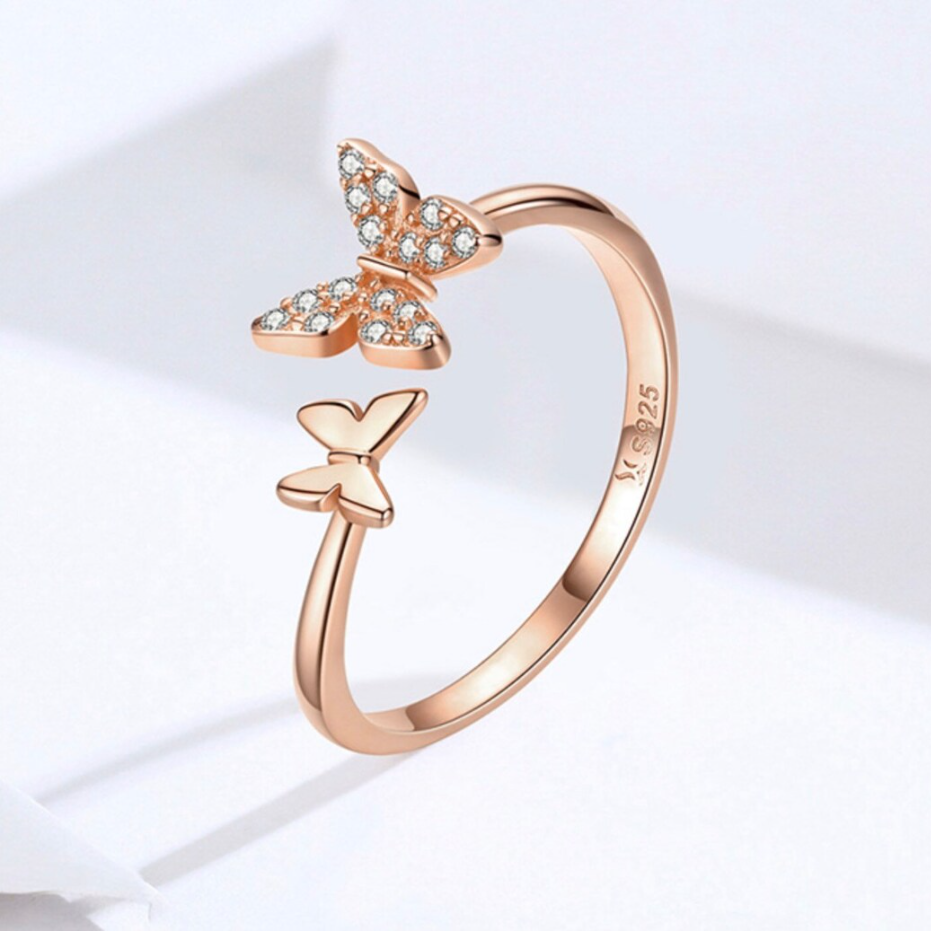 Bague Papillons en argent 925 plaqué or rose ajustable avec zircons blancs - Photo 3