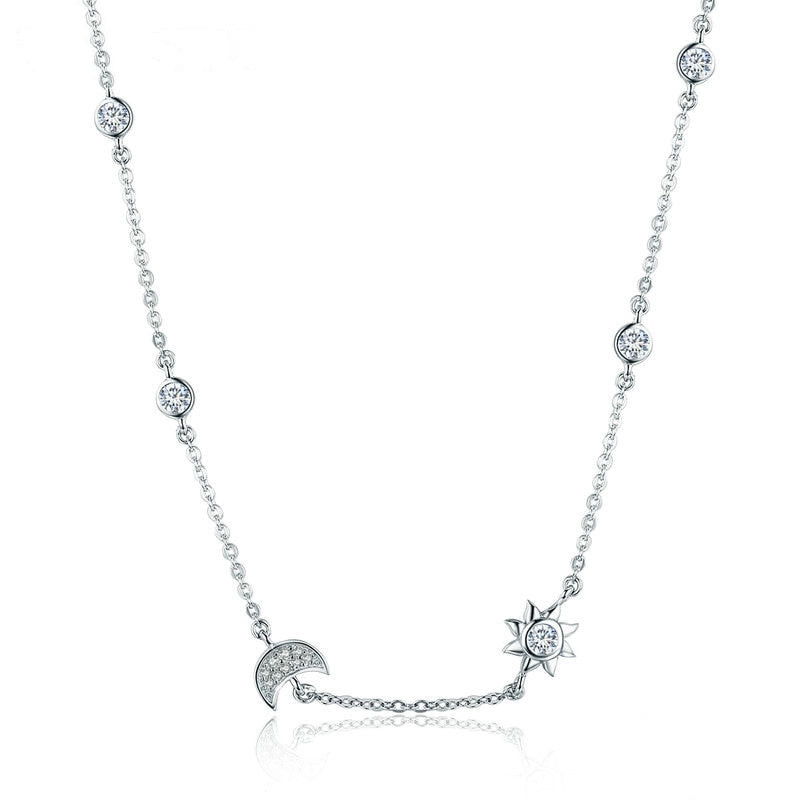 Collier Lune et Étoile en argent 925 plaqué or blanc ajustable avec zircons blancs