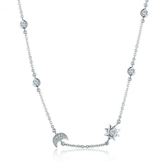 Collier Lune et Étoile en argent 925 plaqué or blanc ajustable avec zircons blancs