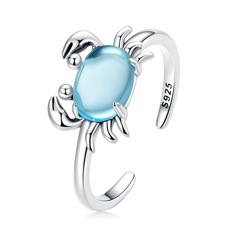 Bague Crabe en argent 925 plaqué or blanc ajustable avec pierre de lune