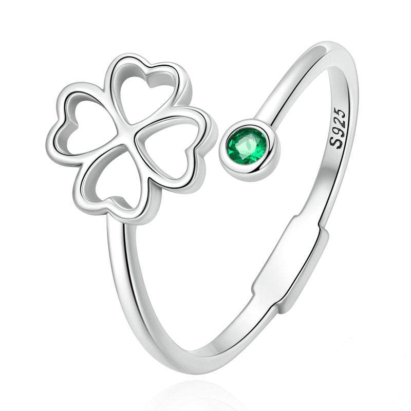 Bague Trèfle à Quatre Feuilles en argent 925 plaqué or blanc ajustable avec zircon vert