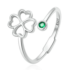 Bague Trèfle à Quatre Feuilles en argent 925 plaqué or blanc ajustable avec zircon vert