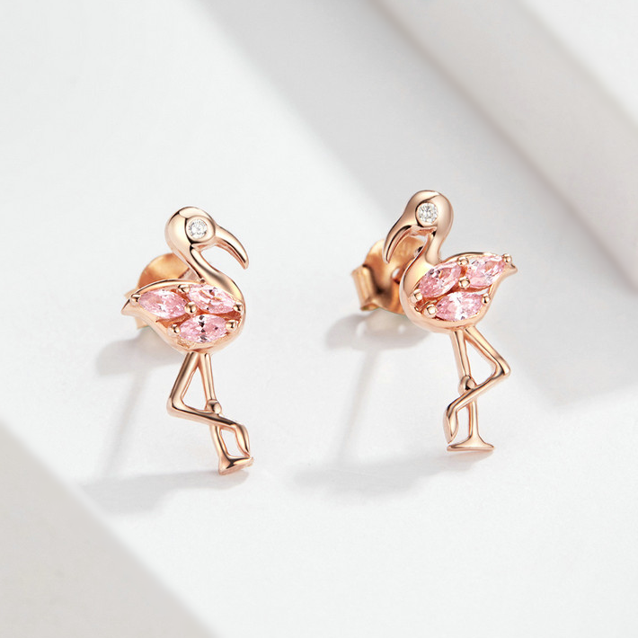 Boucles d’Oreilles Flamant Rose Puces en Argent Sterling 925 plaqué or rose avec zircons roses et blancs - Photo 4