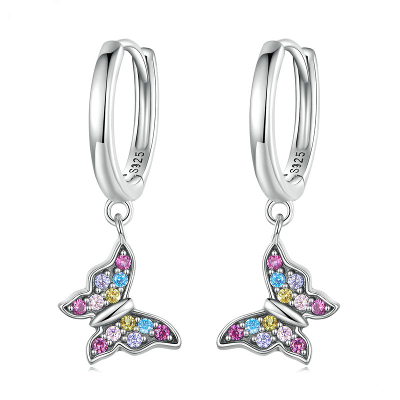 Boucles d’Oreilles Créoles Papillons Pendants Argent sterling 925 plaqué or blanc avec pavé de zircons colorés
