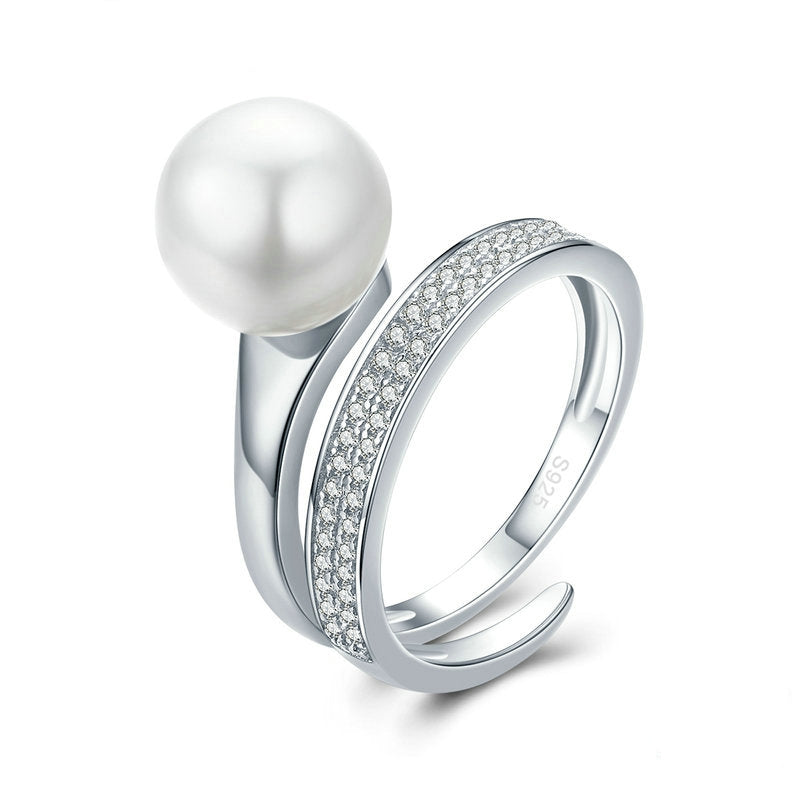Bague Perle Brillante en argent 925 plaqué or blanc ajustable avec zircons blancs