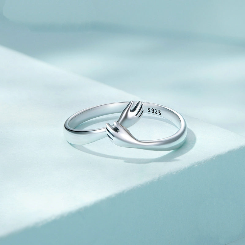 Bague Câlin en argent 925 plaqué or blanc ajustable avec étreinte et détail des mains - Photo 4