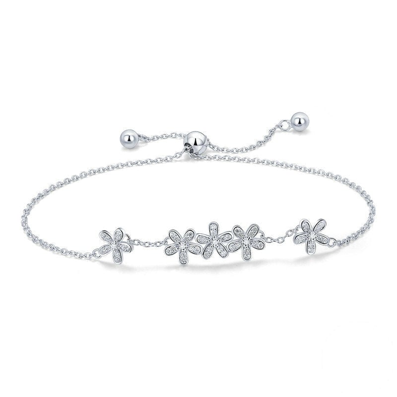 Bracelet Marguerites en argent 925 plaqué or blanc ajustable avec zircons blancs