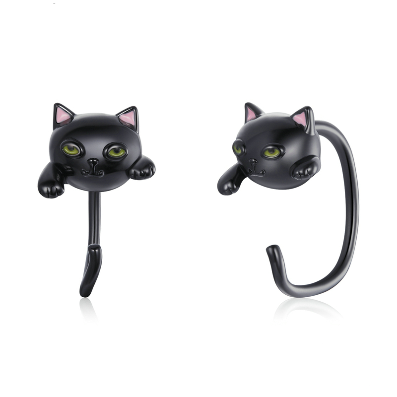 Boucles d’Oreilles Chat Noir Argent Sterling 925 plaqué noir avec des détails émaillés