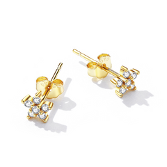 Boucles d’Oreilles Fleurs Scintillantes Puces en Argent Sterling 925 plaqué or jaune avec zircons blancs - Photo 3