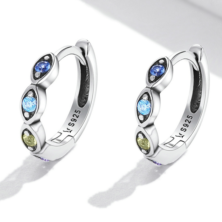 Boucles d’Oreilles Créoles Yeux Protecteurs en argent 925 plaqué or blanc avec zircons colorés - Photo 3