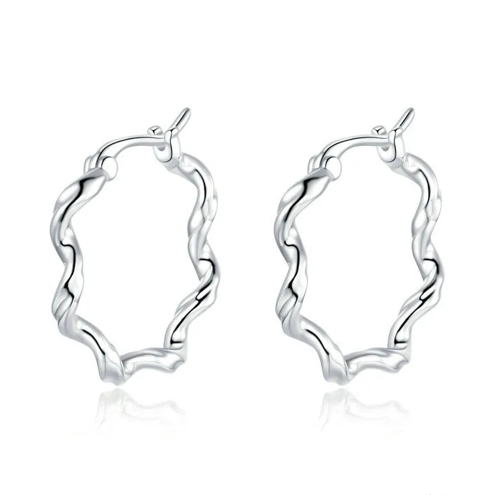 Boucles d’Oreilles Créoles Ondulés Argent sterling 925 plaqué or blanc