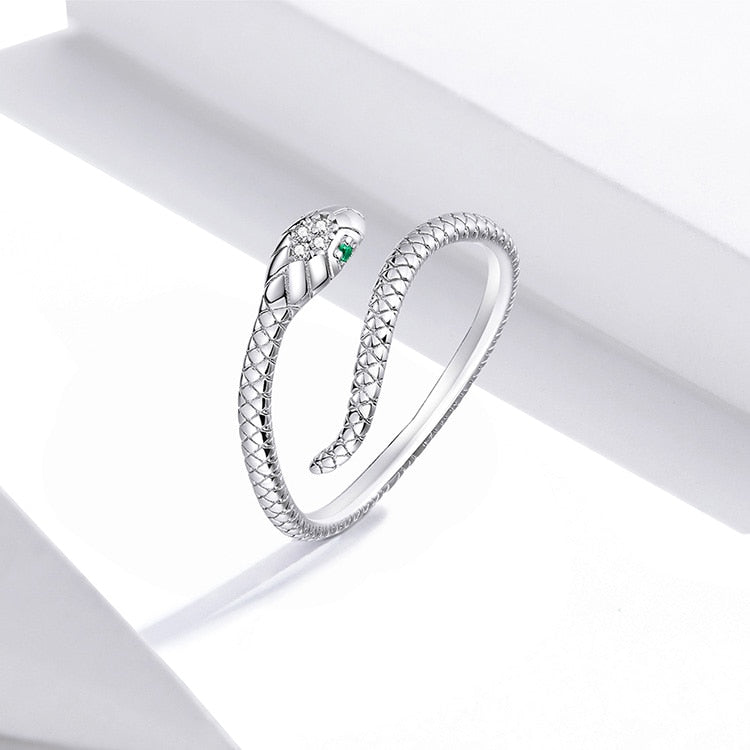 Bague Serpent Cobra Royal en argent 925 plaqué or blanc ajustable avec pavé de zircons blancs et verts - Photo 3