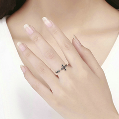 Bague Croix en argent 925 plaqué or blanc ajustable avec zircons noirs - Photo 2
