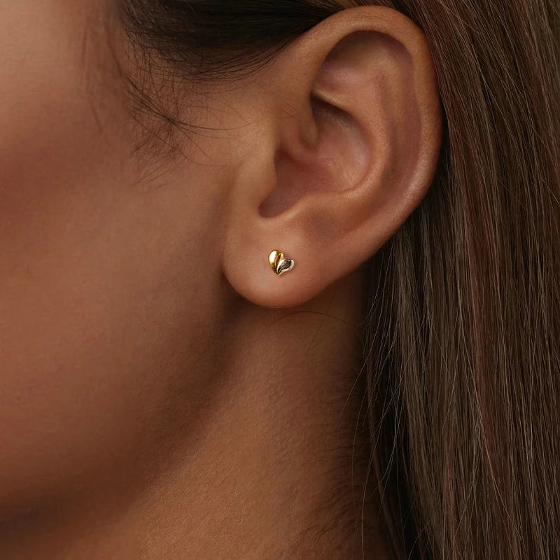 Boucles d'Oreilles Puces Traversantes Cœur Bicolore en Argent 925