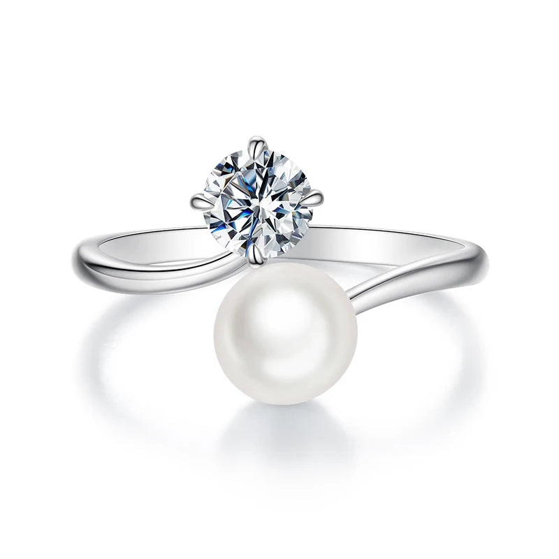 Bague Ajustable Perle et Moissanite en Argent 925 avec Certificat