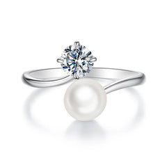 Bague Ajustable Perle et Moissanite en Argent 925 avec Certificat