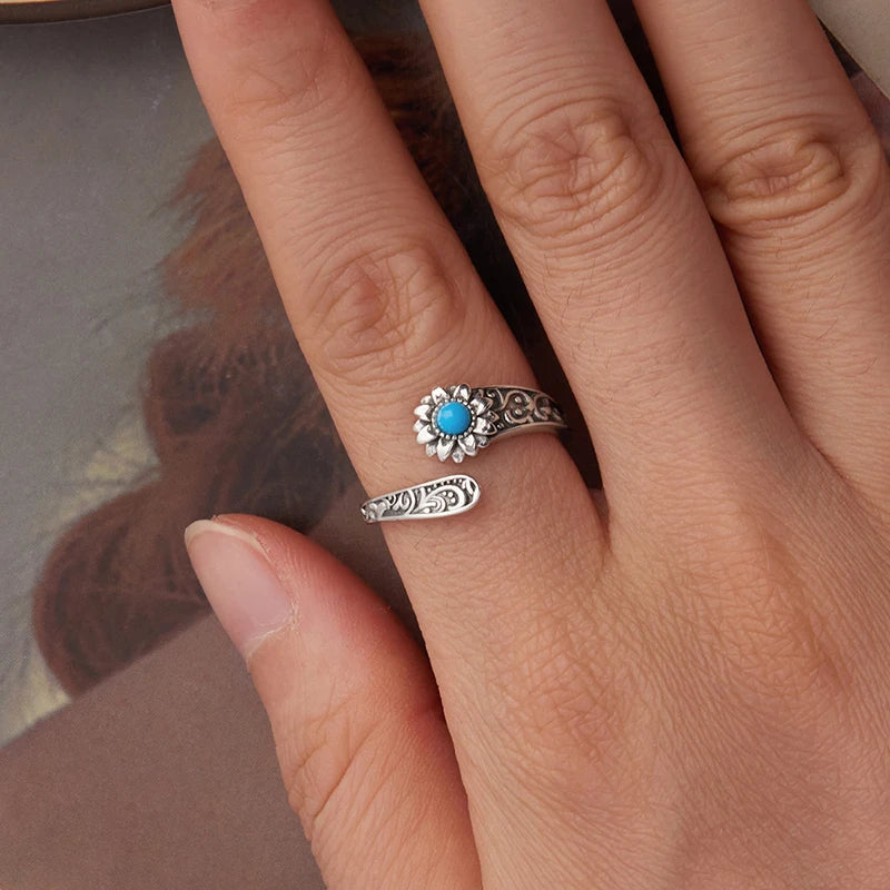 Bague Ajustable Tournesol Turquoise en Argent 925