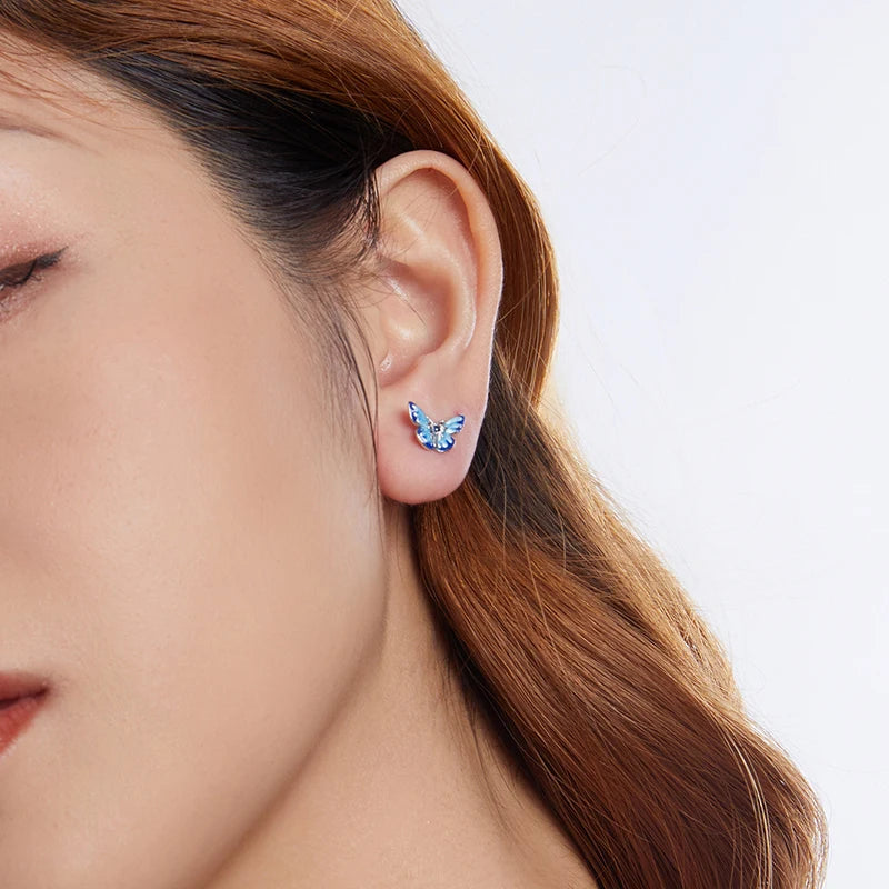 Boucles d'Oreilles Puces Papillon Bleu en Argent 925