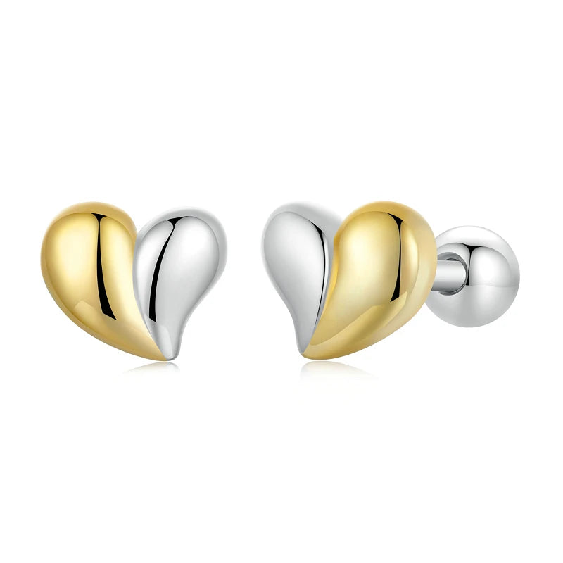 Boucles d'Oreilles Puces Traversantes Cœur Bicolore en Argent 925