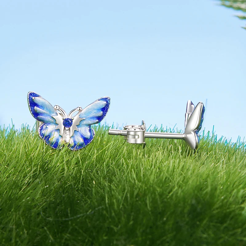 Boucles d'Oreilles Puces Papillon Bleu en Argent 925