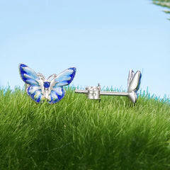 Boucles d'Oreilles Puces Papillon Bleu en Argent 925