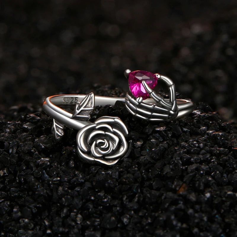 Bague Main Squelette et Rose en Argent 925