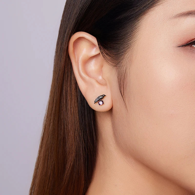 Boucles d'Oreilles Puces Corbeau en Argent 925