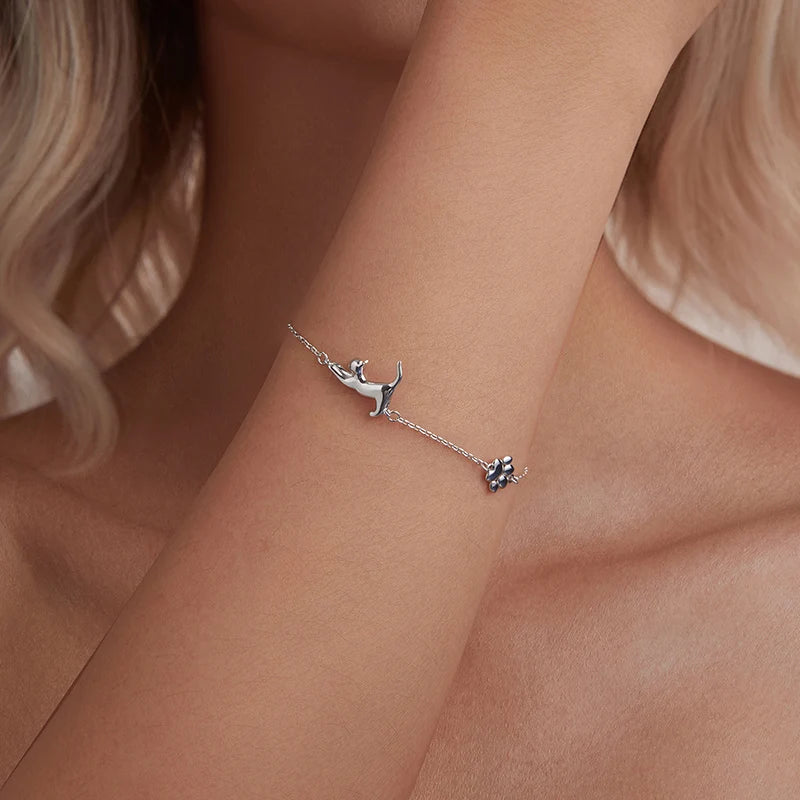 Bracelet à Breloque Chat en Argent 925