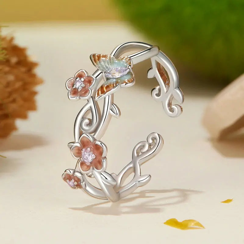 Bague Papillon et Fleur de Cerisier en Argent 925