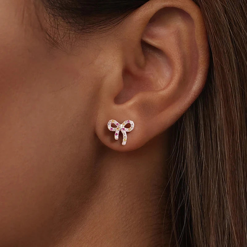 Boucles d'Oreilles Puces Nœud Coloré en Argent 925
