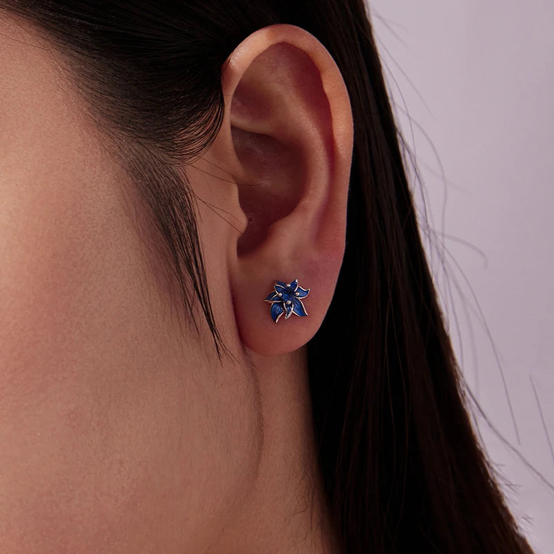 Boucles d'Oreilles Puces Lotus Bleu en Argent 925