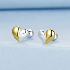 Boucles d'Oreilles Puces Traversantes Cœur Bicolore en Argent 925
