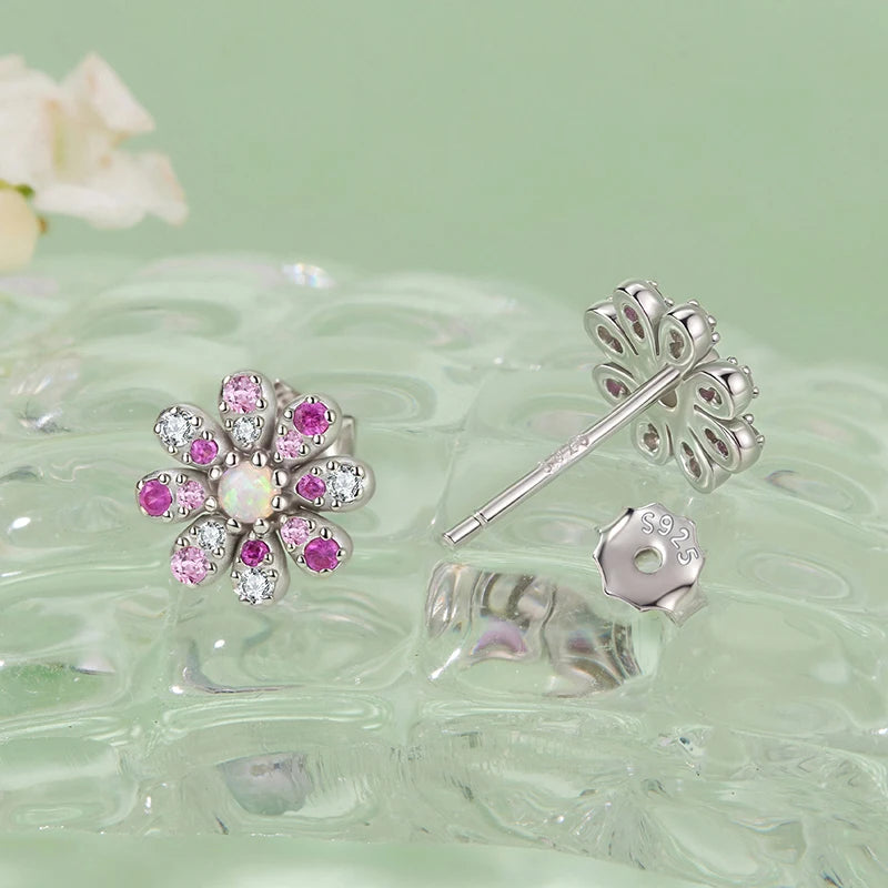 Boucles d'Oreilles Puces Marguerite Rose en Argent 925