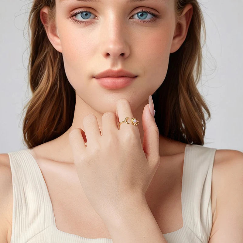 Bague Ajustable Soleil et Lune Opale en Argent 925