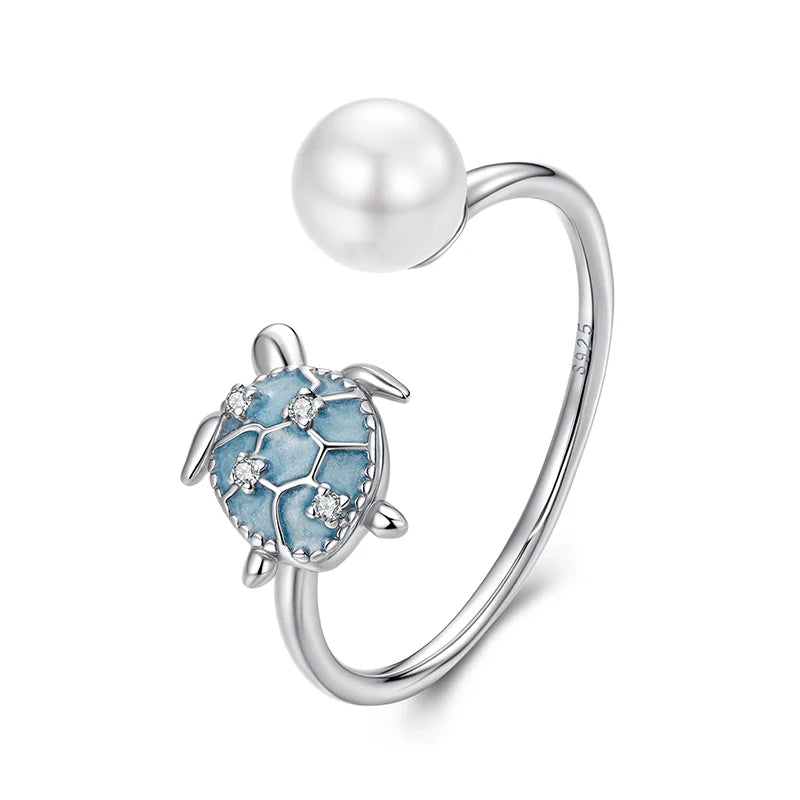 Bague Ajustable Tortue de Mer et Perle Coquillage en Argent 925