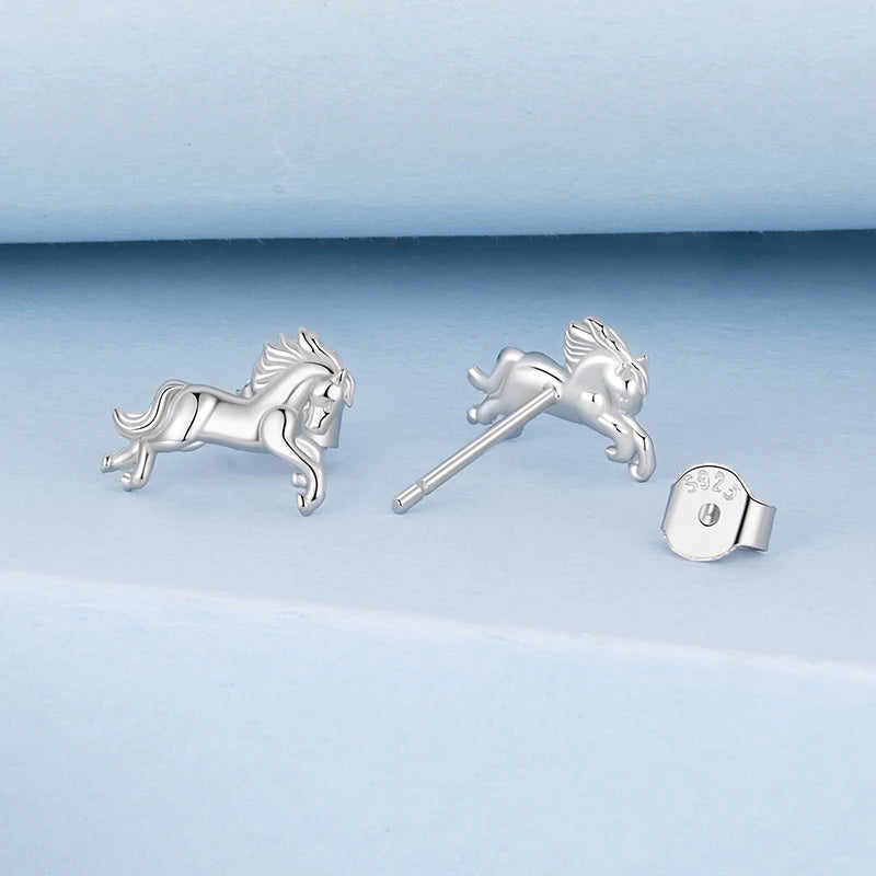 Boucles d'Oreilles Puces Cheval au Galop en Argent 925