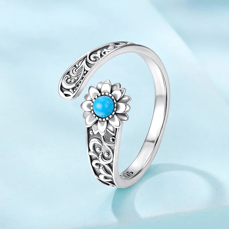 Bague Ajustable Tournesol Turquoise en Argent 925