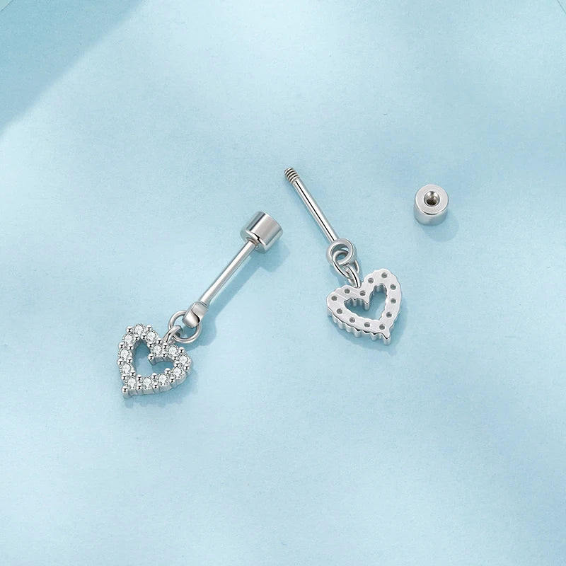Boucles d'Oreilles Puces Traversantes Cœur en Argent 925