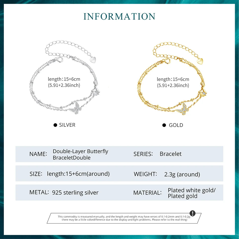 Bracelet Papillon Double Rang en Argent 925
