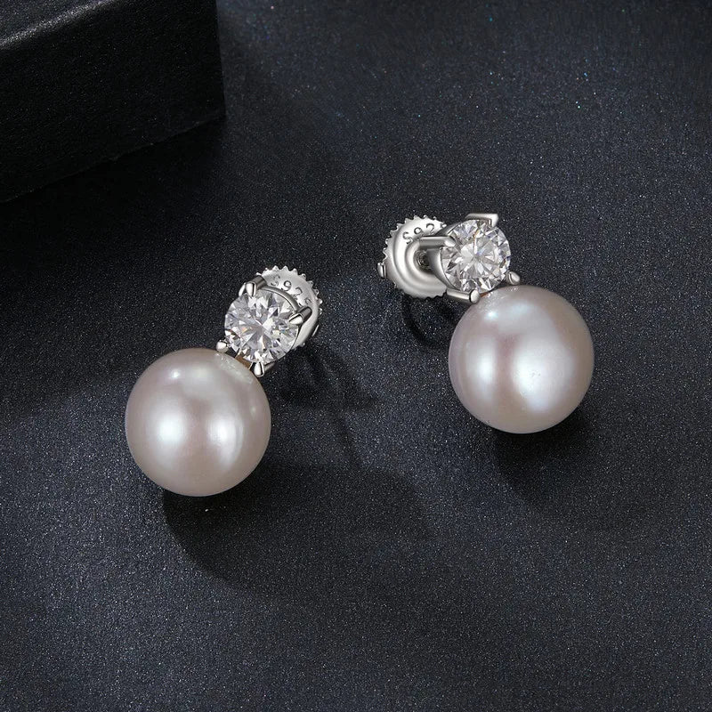 Boucles d'Oreilles Puces Perle Naturelle et Moissanite 0,5ct en Argent 925 avec Certificats