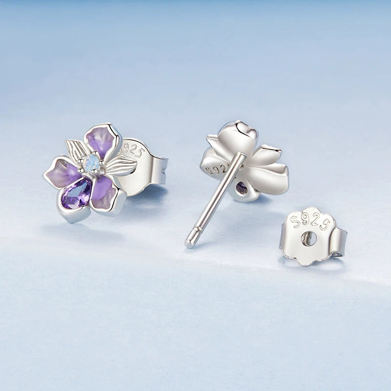 Boucles d'Oreilles Puces Fleur d'Iris Romantique en Argent 925
